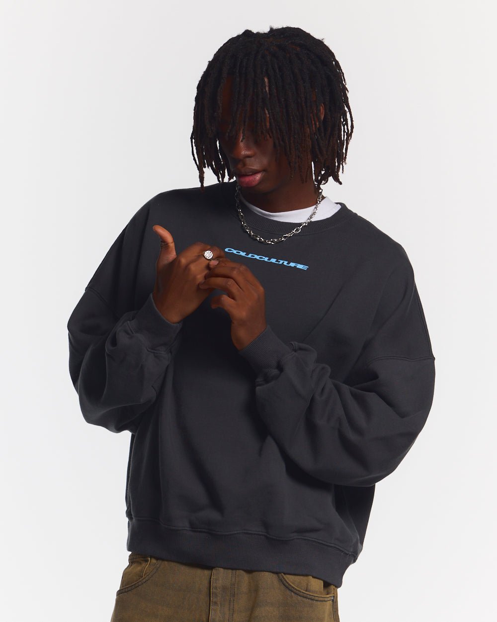 COSMOS ARC CREWNECK INDIA INK - dark navy oversized crewneck sweatshirt, front view on male model - Cold Culture #man
