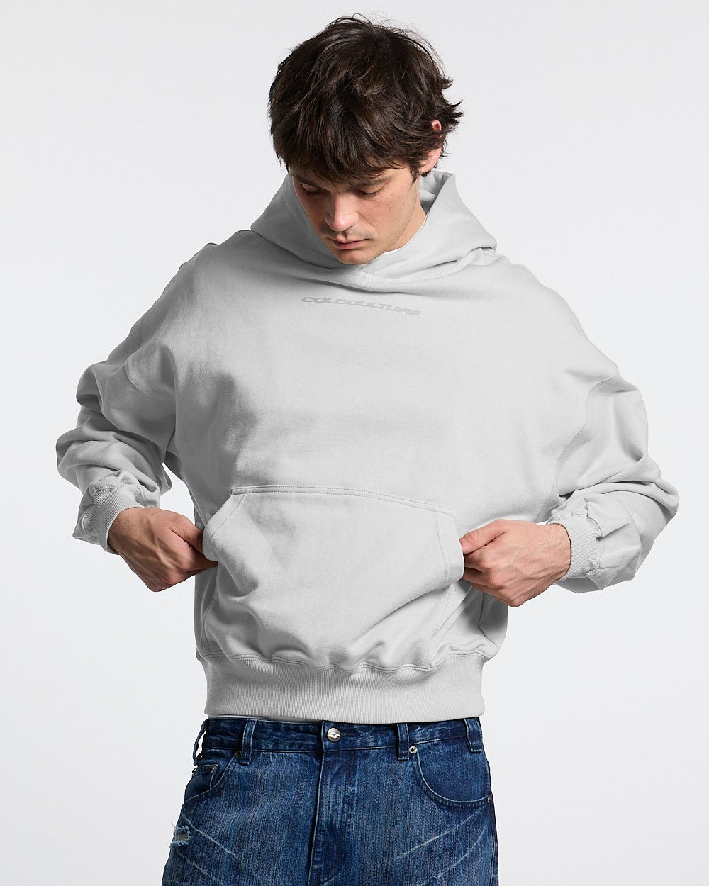 COSMOS ARC HOODIE LIGHT GREY - light grey oversized hoodie, front view on male model - Cold Culture #man