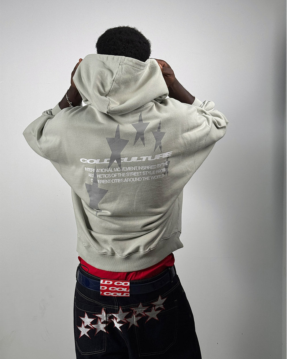 COSMOS ARC HOODIE LIGHT GREY - light grey oversized hoodie, back view on male model - Cold Culture