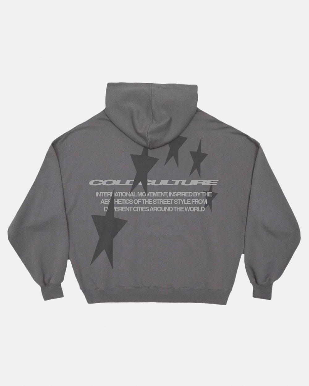 COSMOS ARC HOODIE SMOKEY GREY - grey star print hoodie, back view - Cold Culture #packshot