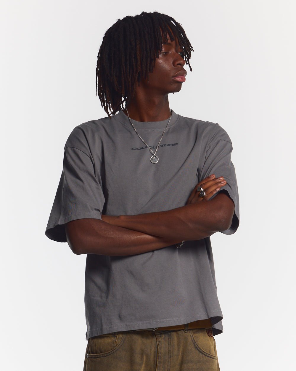COSMOS ARC TEE SMOKEY GREY - washed grey oversized tee, front view on male model - Cold Culture #man