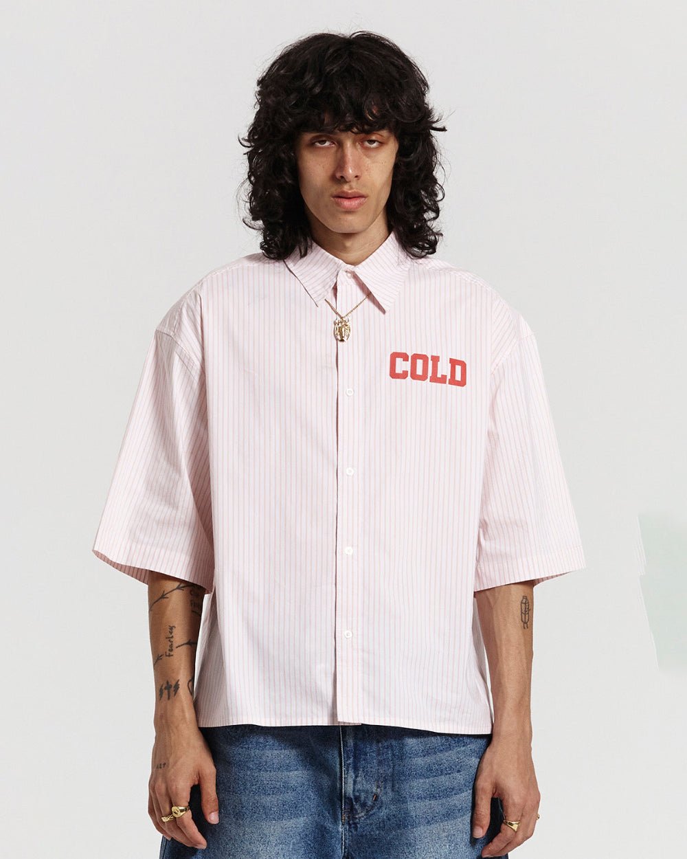 COUNTDOWN SHIRT PINK STRIPES - pink striped short sleeve shirt, front view on male model - Cold Culture #man
