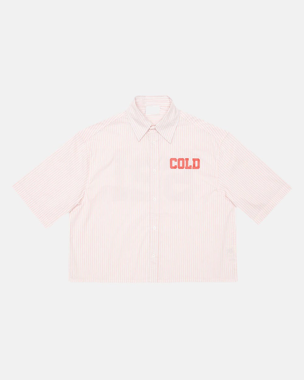 COUNTDOWN SHIRT PINK STRIPES - pink striped short sleeve shirt, front view - Cold Culture #packshot