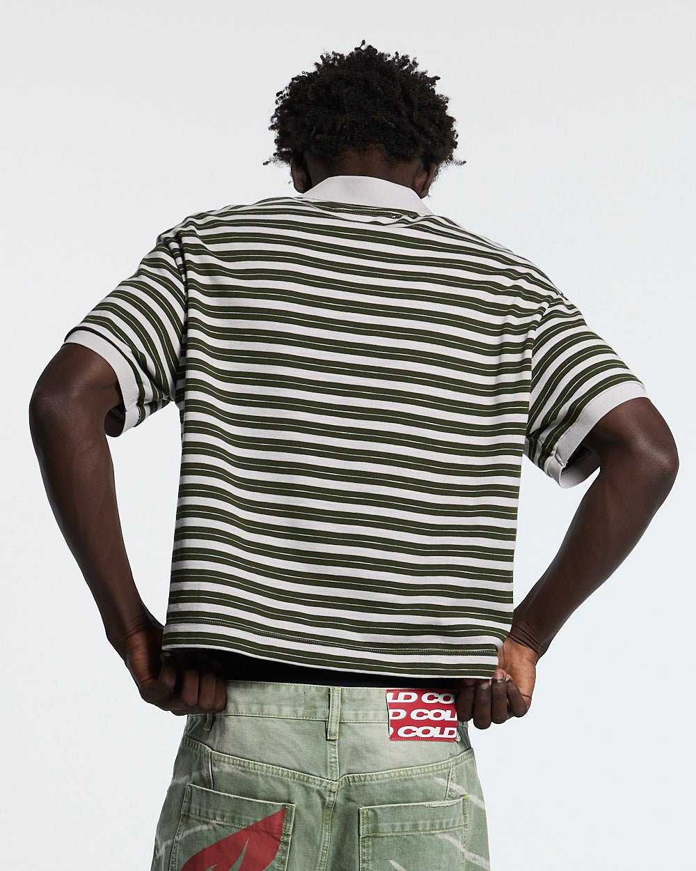 COURT FIELD KNIT POLO GREEN - green striped knit polo, back view on male model - Cold Culture #man