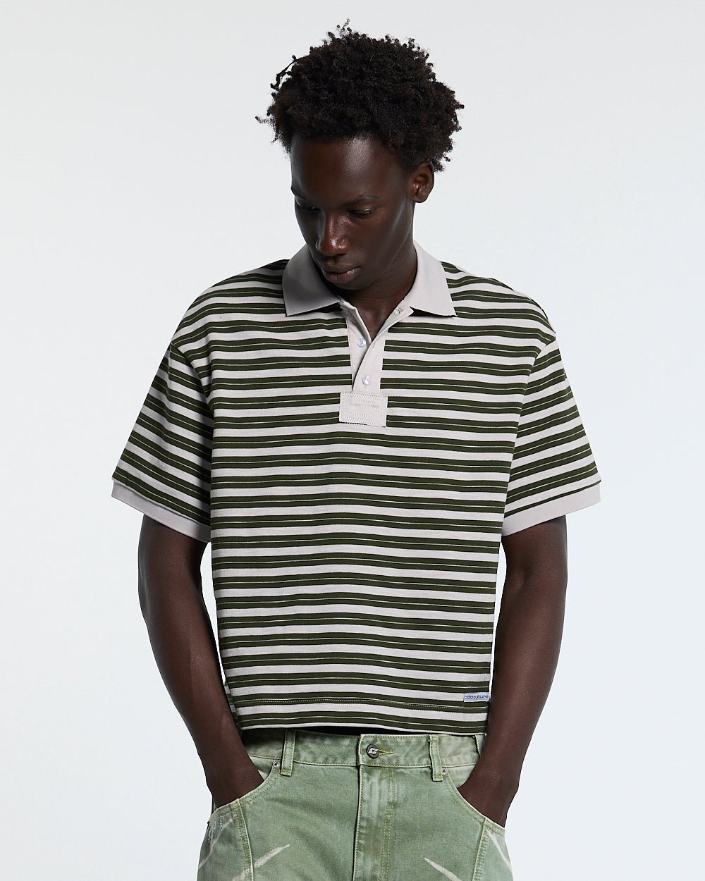 COURT FIELD KNIT POLO GREEN - green striped knit polo, front view on male model - Cold Culture #man
