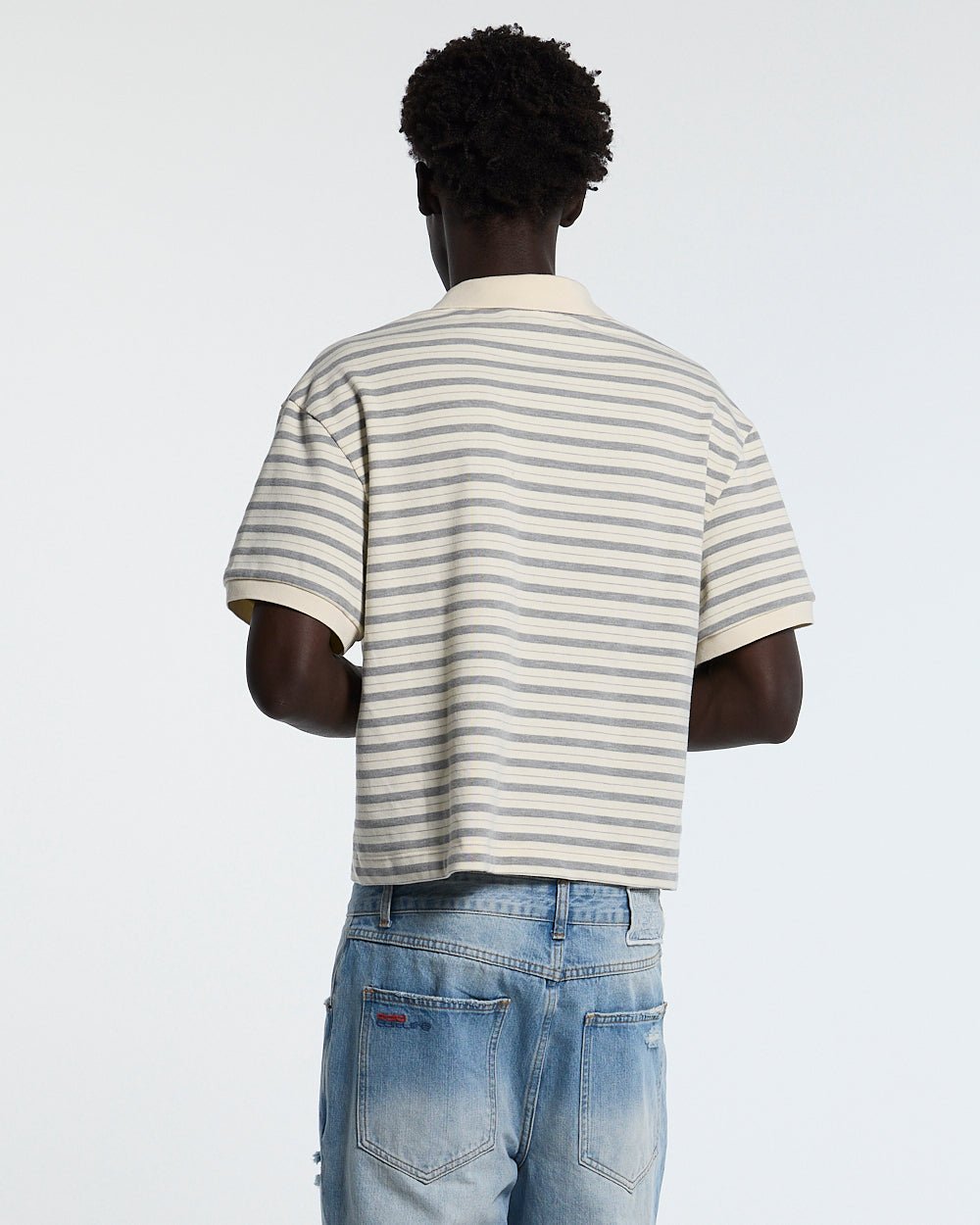 COURT FIELD KNIT POLO GREY - grey striped knit polo, back view on male model - Cold Culture #man