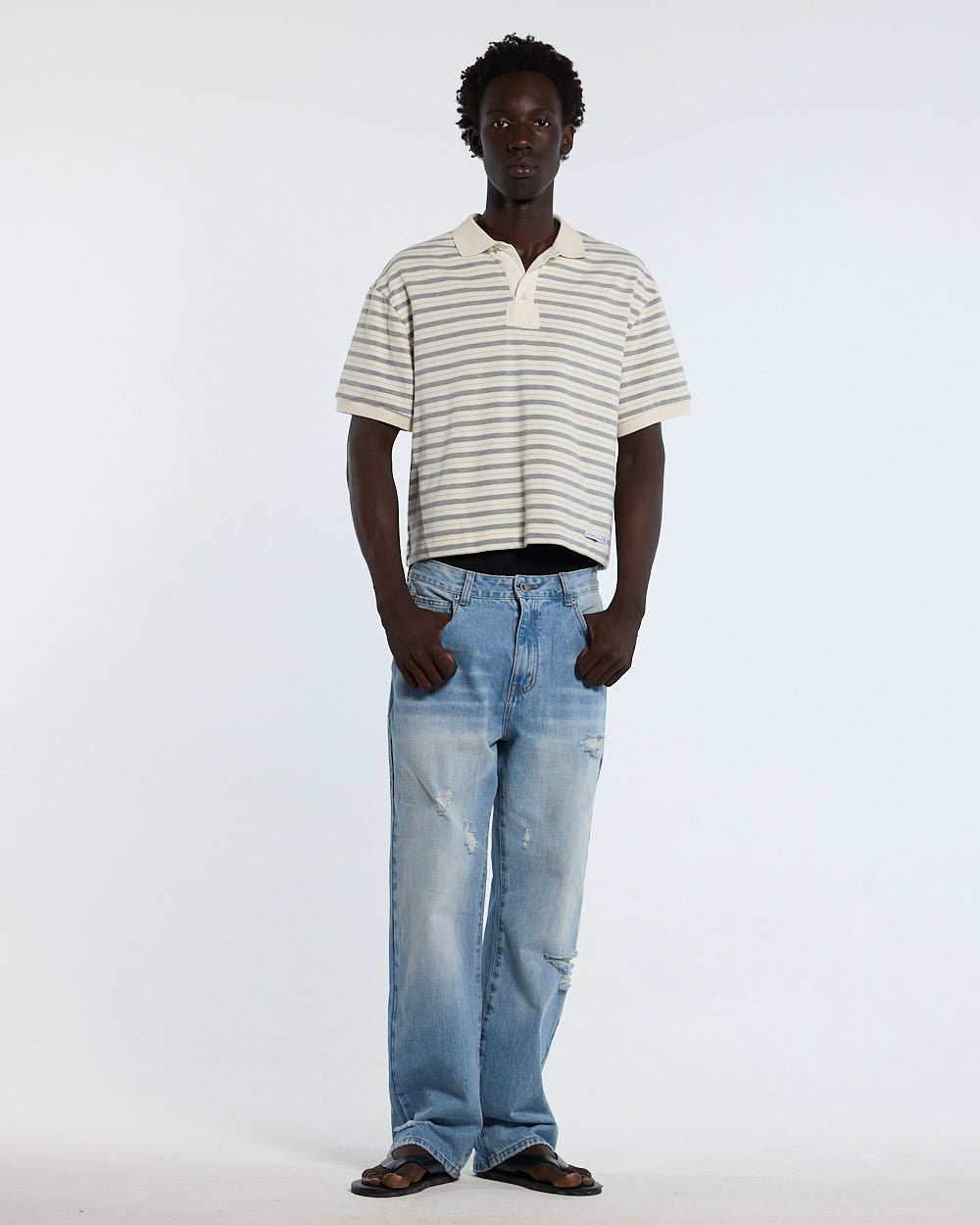 COURT FIELD KNIT POLO GREY - grey striped knit polo, front view on male model - Cold Culture #man