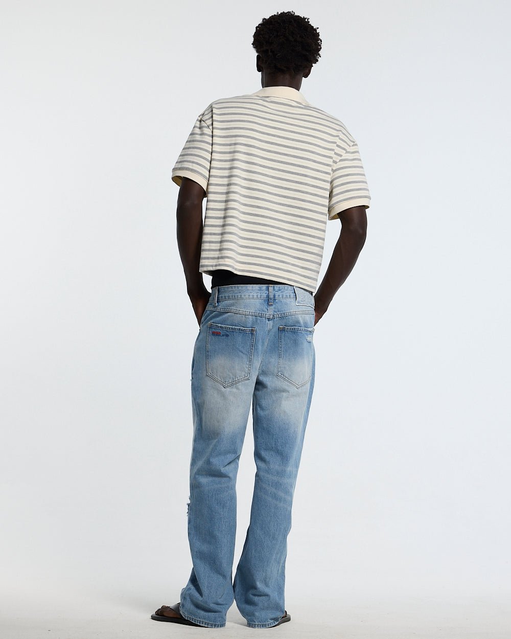 COURT FIELD KNIT POLO GREY - grey striped knit polo, back view on male model - Cold Culture #man