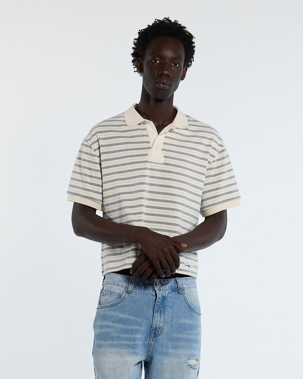 COURT FIELD KNIT POLO GREY - grey striped knit polo, front view on male model - Cold Culture #man