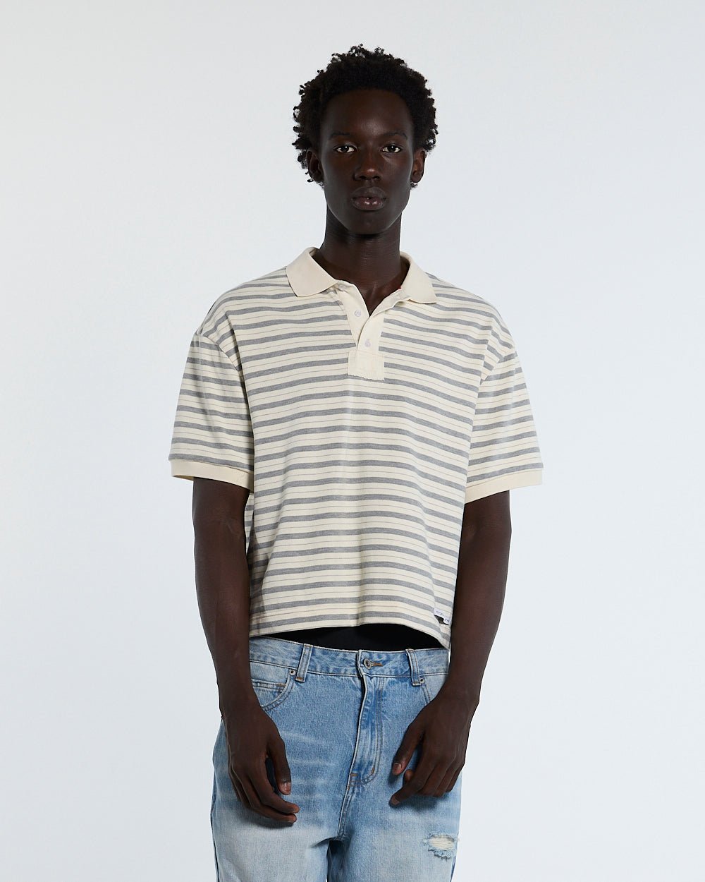 COURT FIELD KNIT POLO GREY - grey striped knit polo, front view on male model - Cold Culture #man