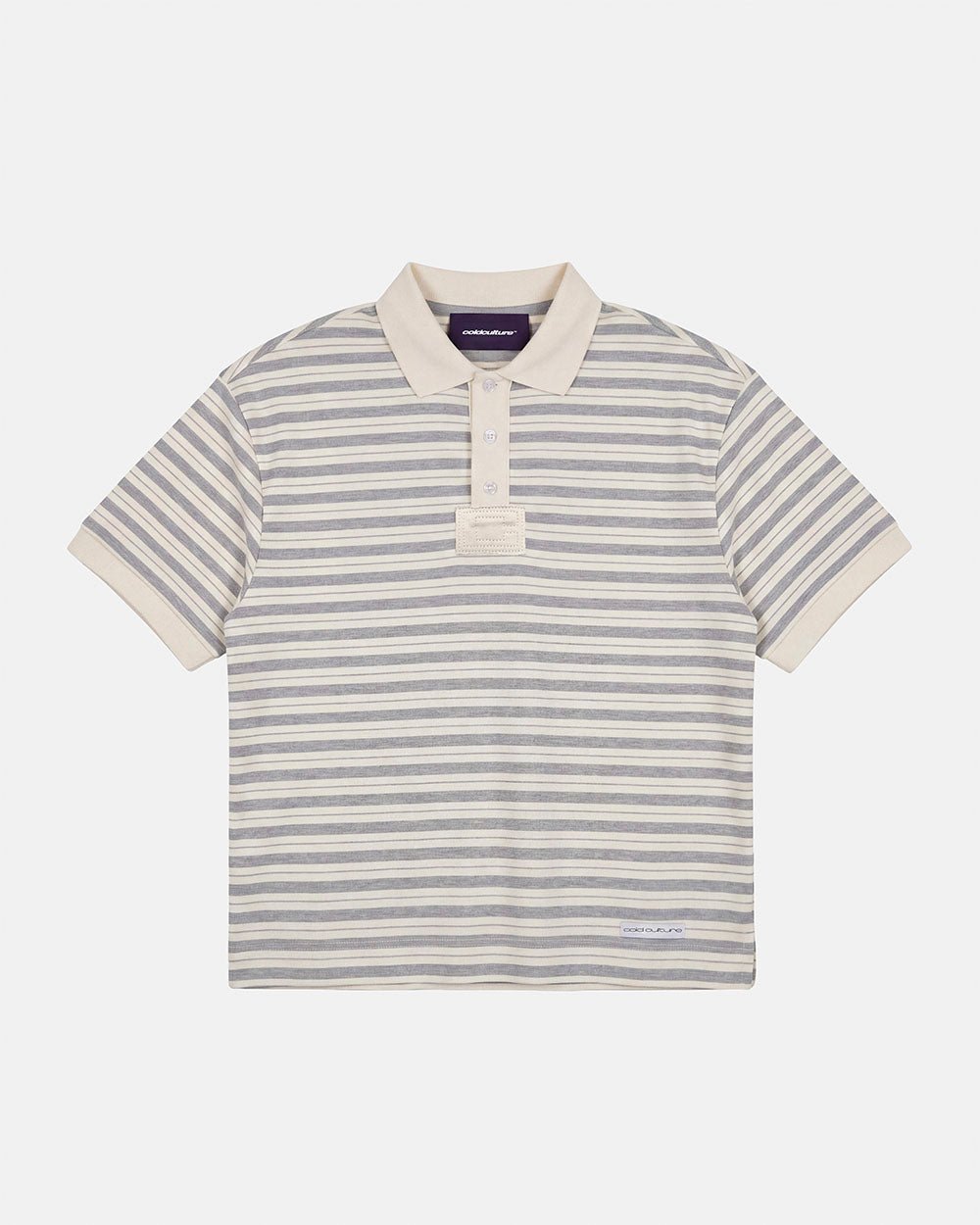COURT FIELD KNIT POLO GREY - grey striped knit polo, front view - Cold Culture #packshot