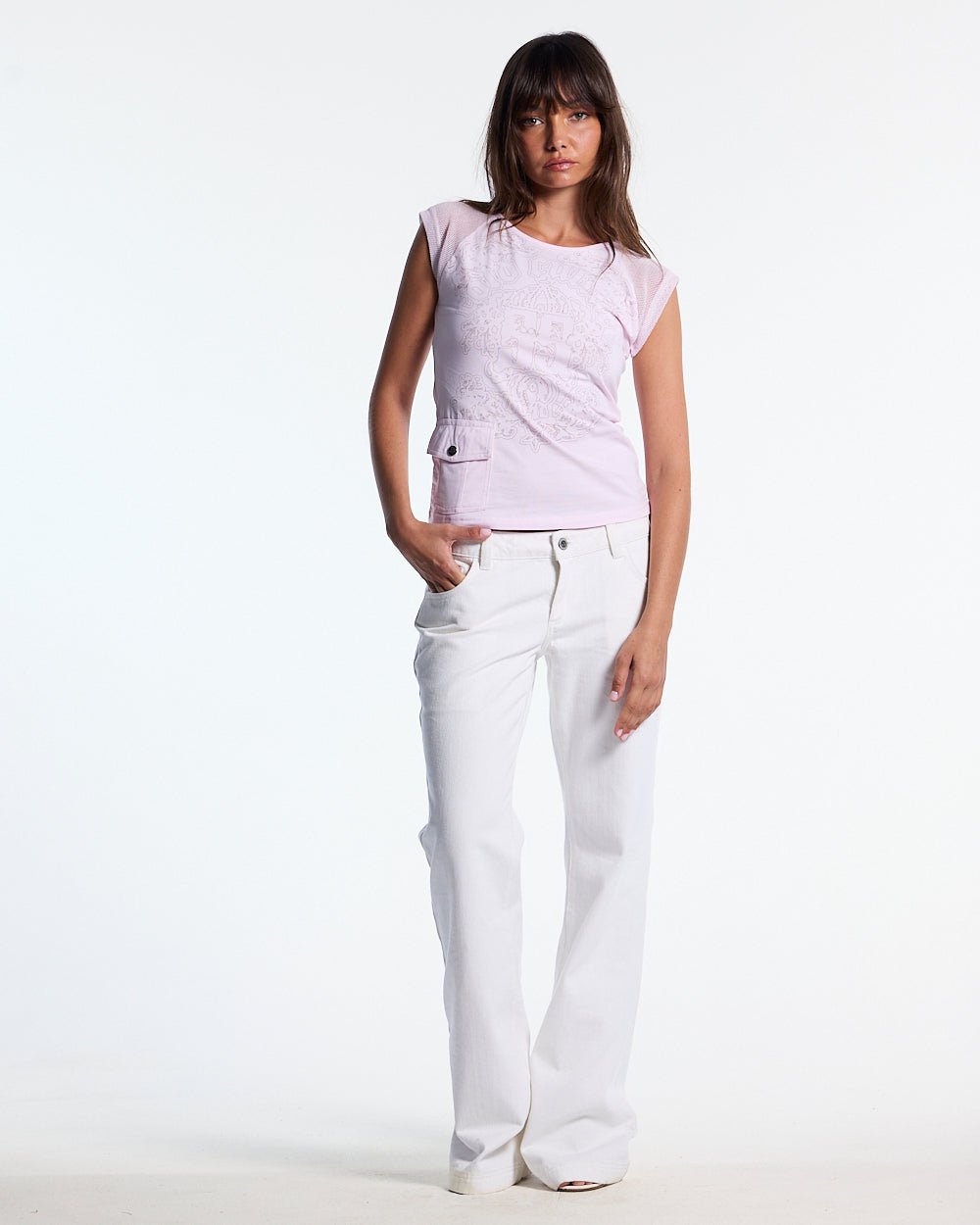 COUTURE BABY TEE PINK - pink graphic print baby tee, front view on female model - Cold Culture #woman