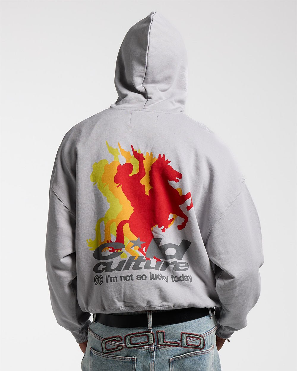 COWBOY HOODIE COOL GREY - grey graphic print hoodie, back view on male model - Cold Culture