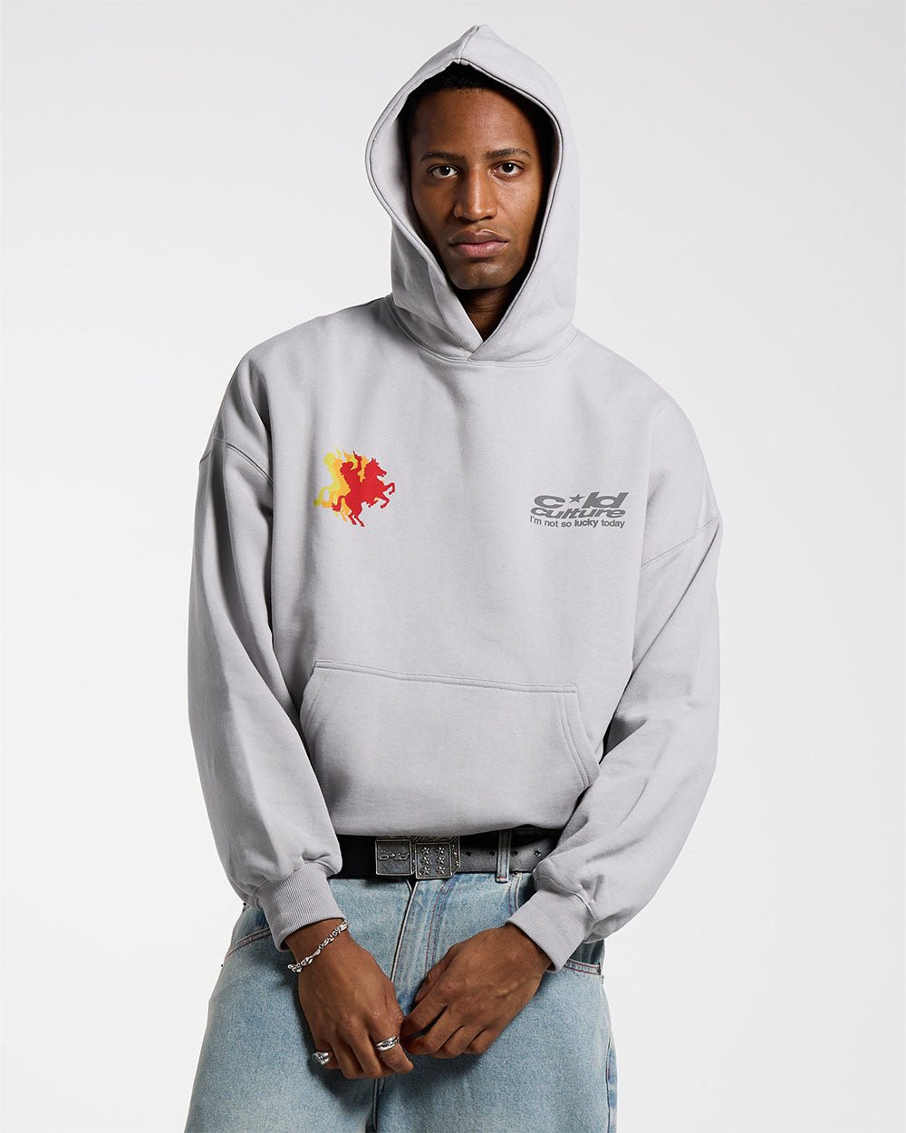 COWBOY HOODIE COOL GREY - grey graphic print hoodie, front view on male model - Cold Culture #man