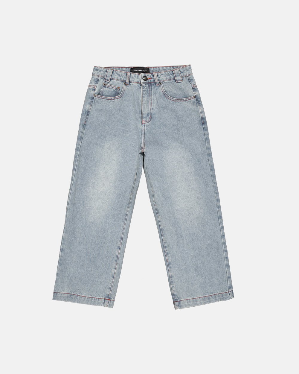 COWBOY V1 PANTS BLUE DENIM - light blue baggy denim pants, front view - Cold Culture #packshot