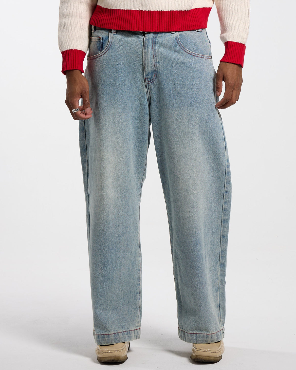 COWBOY V1 PANTS BLUE DENIM - light blue baggy denim pants, front view on male model - Cold Culture