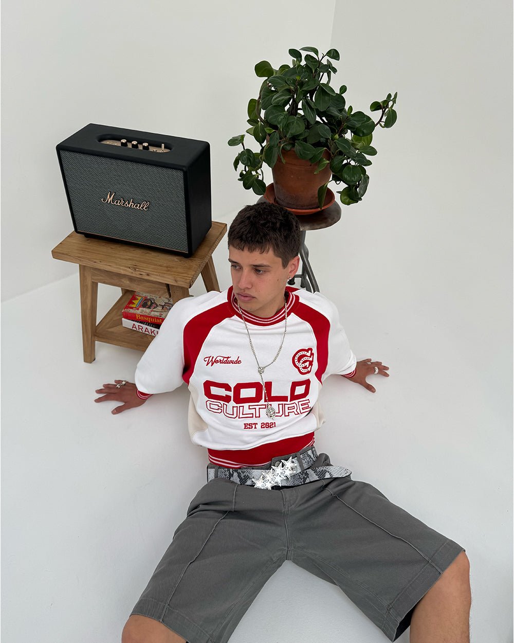 COWBOY VARSITY CREWNECK FIERY RED - red and white varsity crewneck, front view on male model - Cold Culture