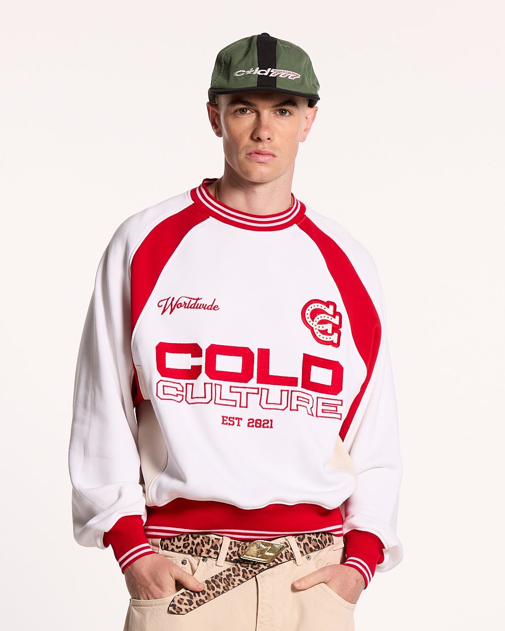 COWBOY VARSITY CREWNECK FIERY RED - red and white varsity crewneck, front view on male model - Cold Culture #man