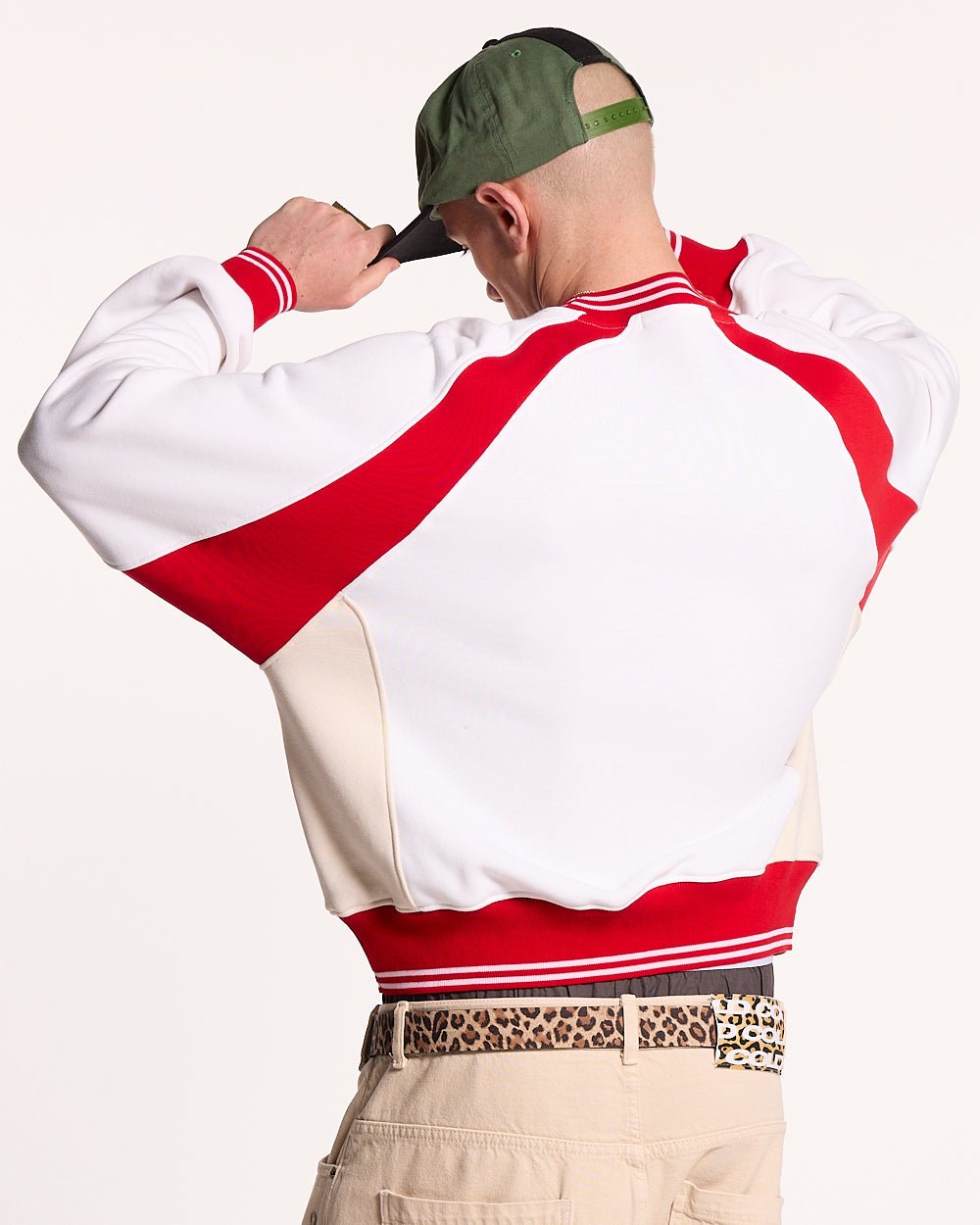 COWBOY VARSITY CREWNECK FIERY RED - red and white varsity crewneck, back view on male model - Cold Culture #man