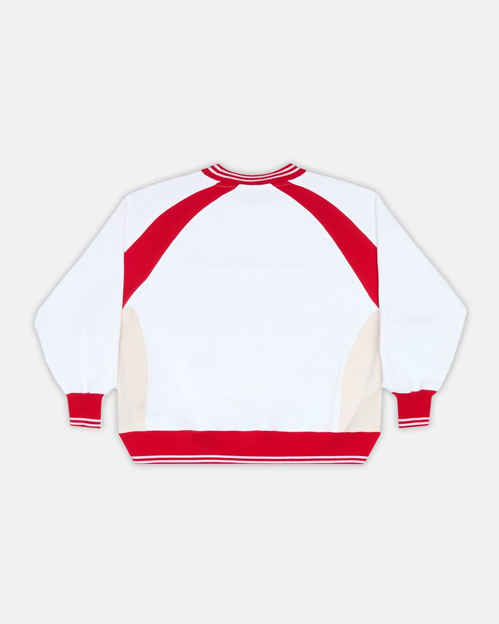 COWBOY VARSITY CREWNECK FIERY RED - red and white varsity crewneck, back view - Cold Culture #packshot