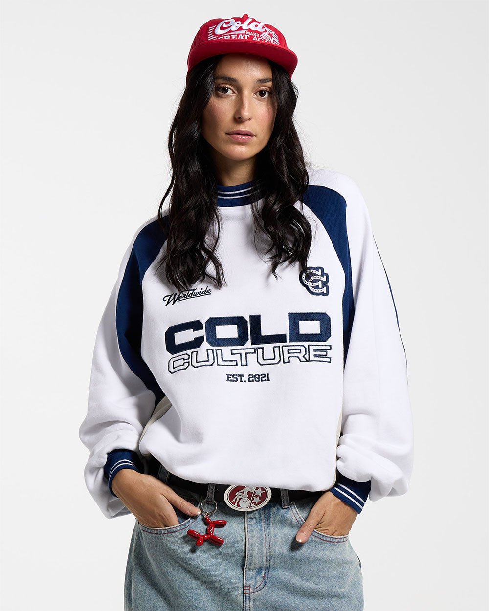 COWBOY VARSITY CREWNECK WHITE/BLUE - white and navy varsity crewneck sweatshirt, front view on female model - Cold Culture #woman