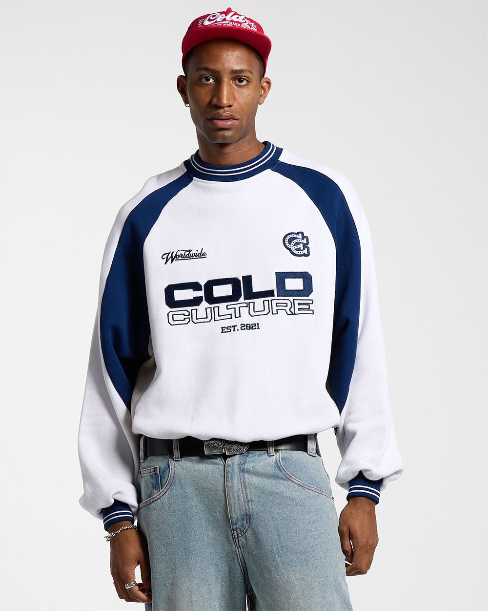 COWBOY VARSITY CREWNECK WHITE/BLUE - white and navy varsity crewneck sweatshirt, front view on male model - Cold Culture #man