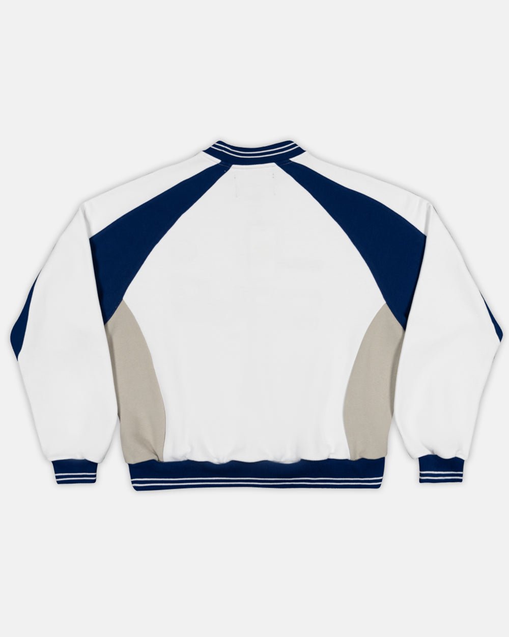 COWBOY VARSITY CREWNECK WHITE/BLUE - white and navy varsity crewneck sweatshirt, back view - Cold Culture #packshot