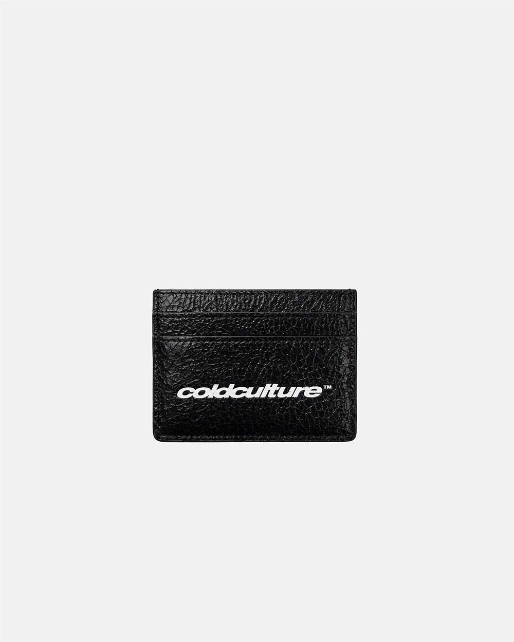 CRACKED WALLET BLACK - black cracked leather wallet, front view - Cold Culture #packshot