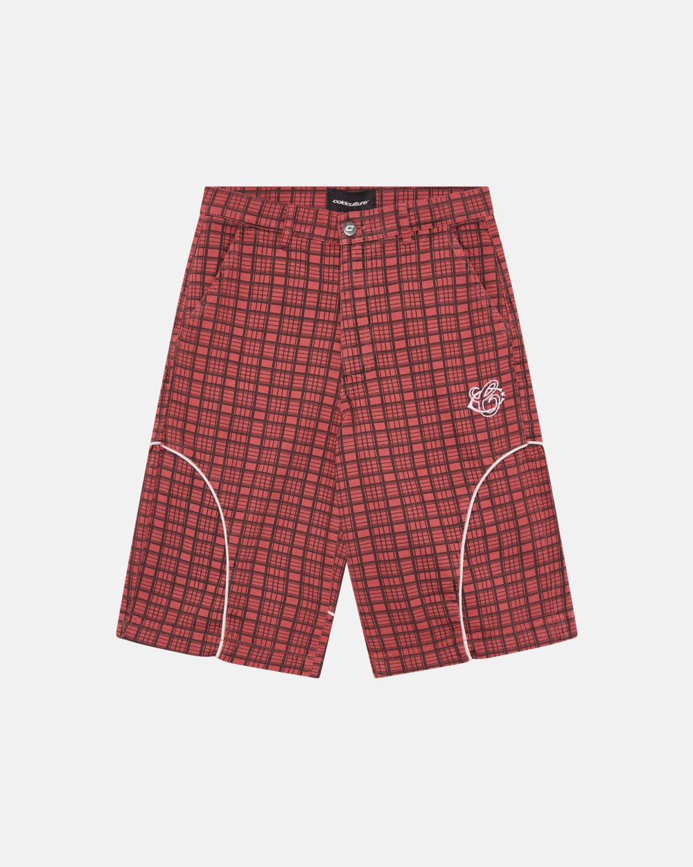 CRIMSON PLAID SUIT JORTS - red plaid shorts, front view - Cold Culture #packshot