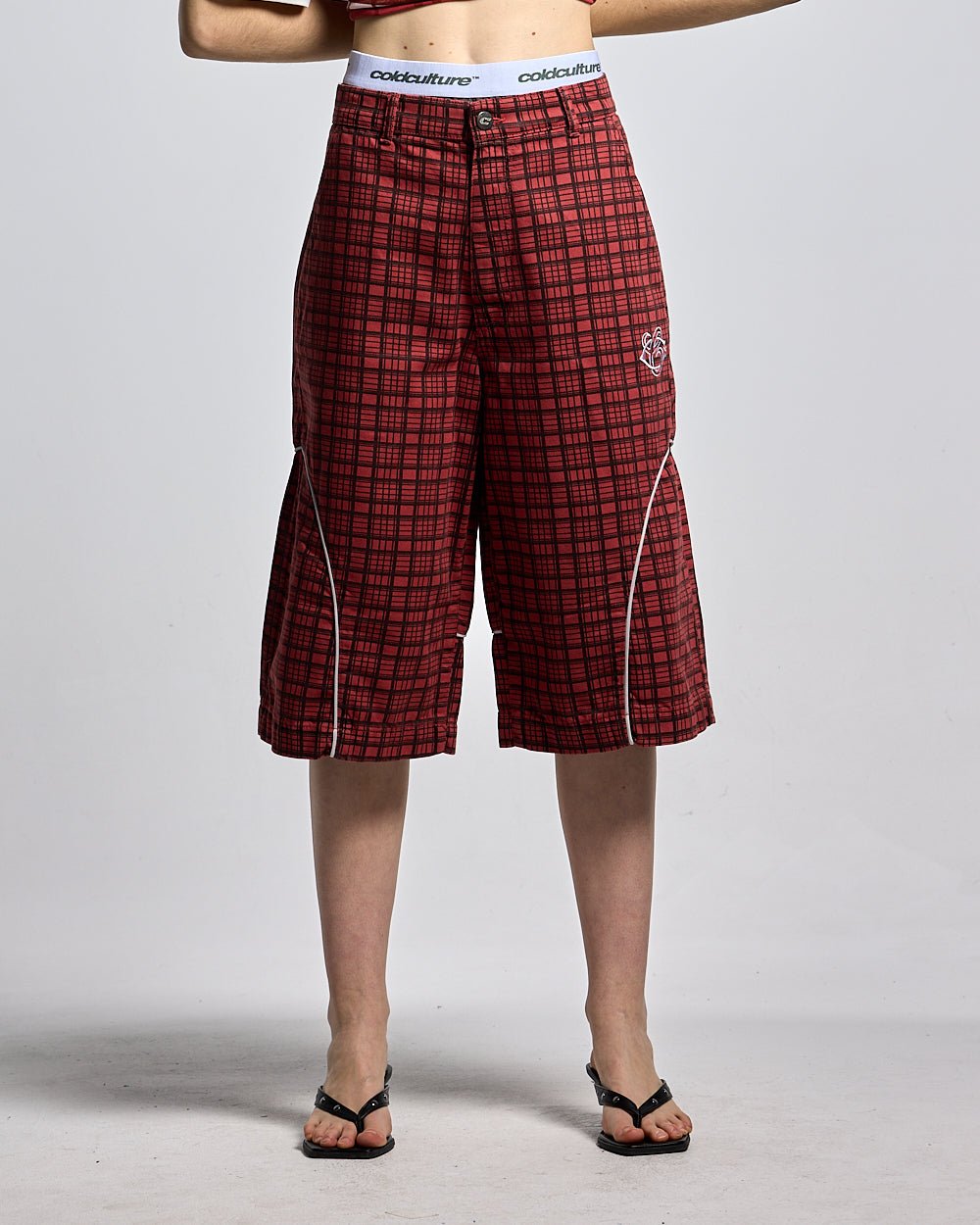 CRIMSON PLAID SUIT JORTS - red plaid shorts, front view on female model - Cold Culture #woman