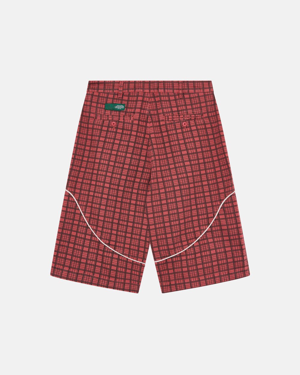 CRIMSON PLAID SUIT JORTS - red plaid shorts, back view - Cold Culture #packshot