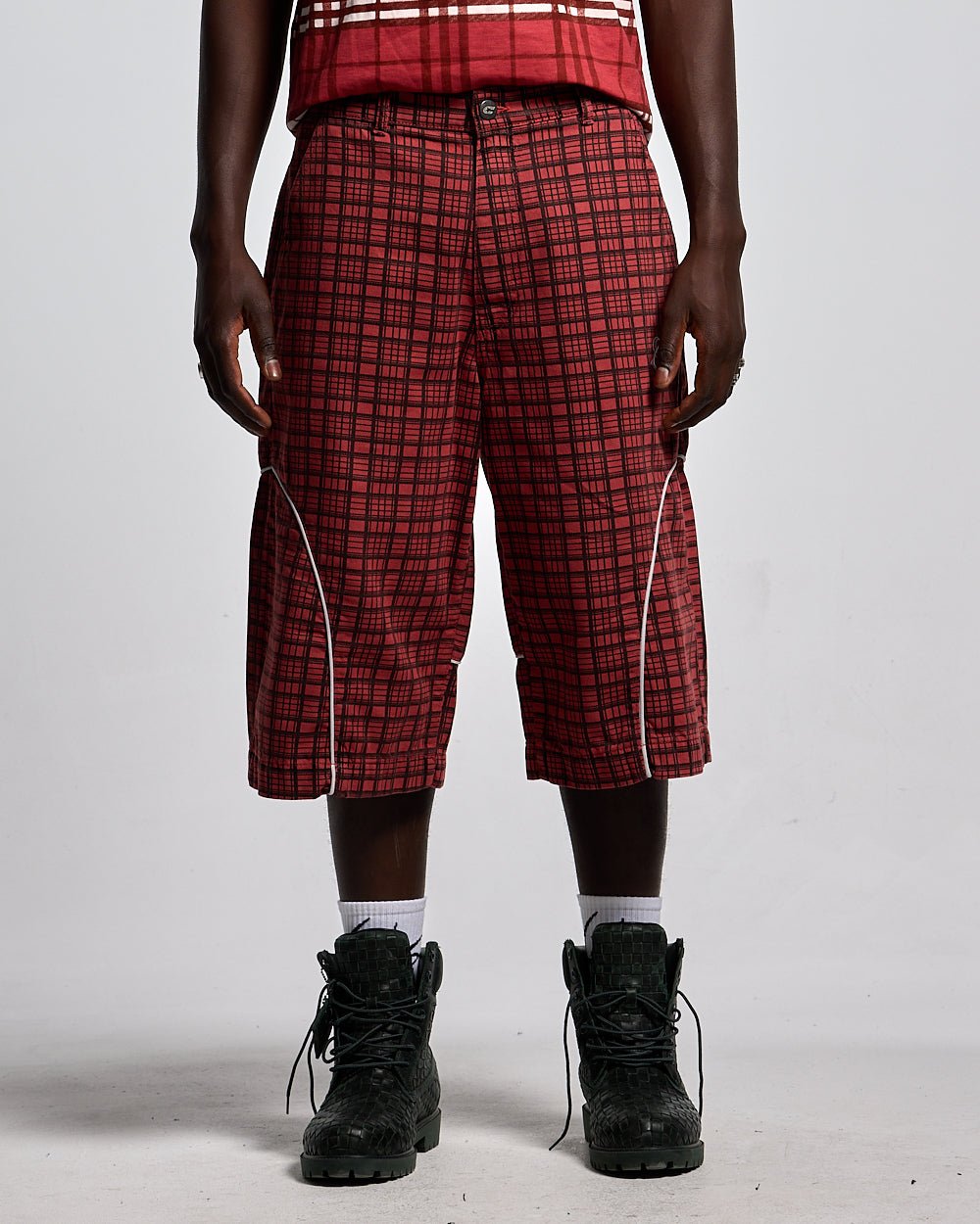 CRIMSON PLAID SUIT JORTS - red plaid shorts, front view on male model - Cold Culture