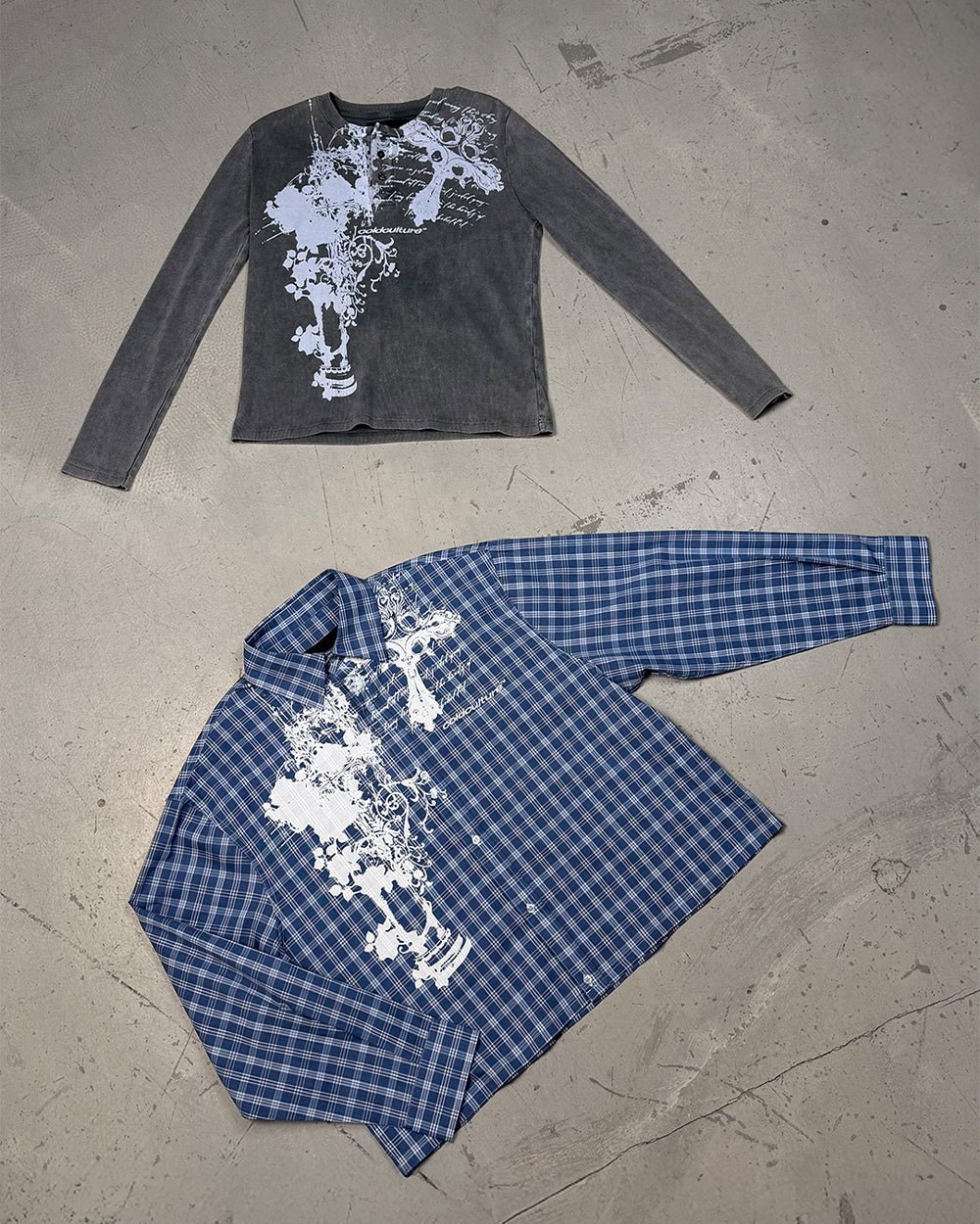 CROSS SHIRT BLUE - blue plaid long sleeve shirt, flat lay with matching pieces - Cold Culture