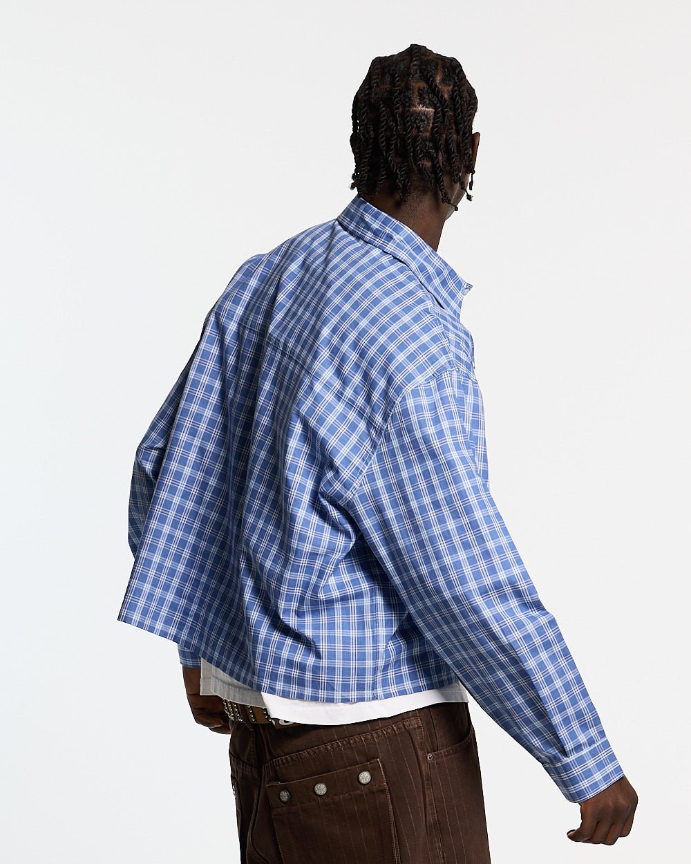 CROSS SHIRT BLUE - blue plaid long sleeve shirt, back view on male model - Cold Culture #man