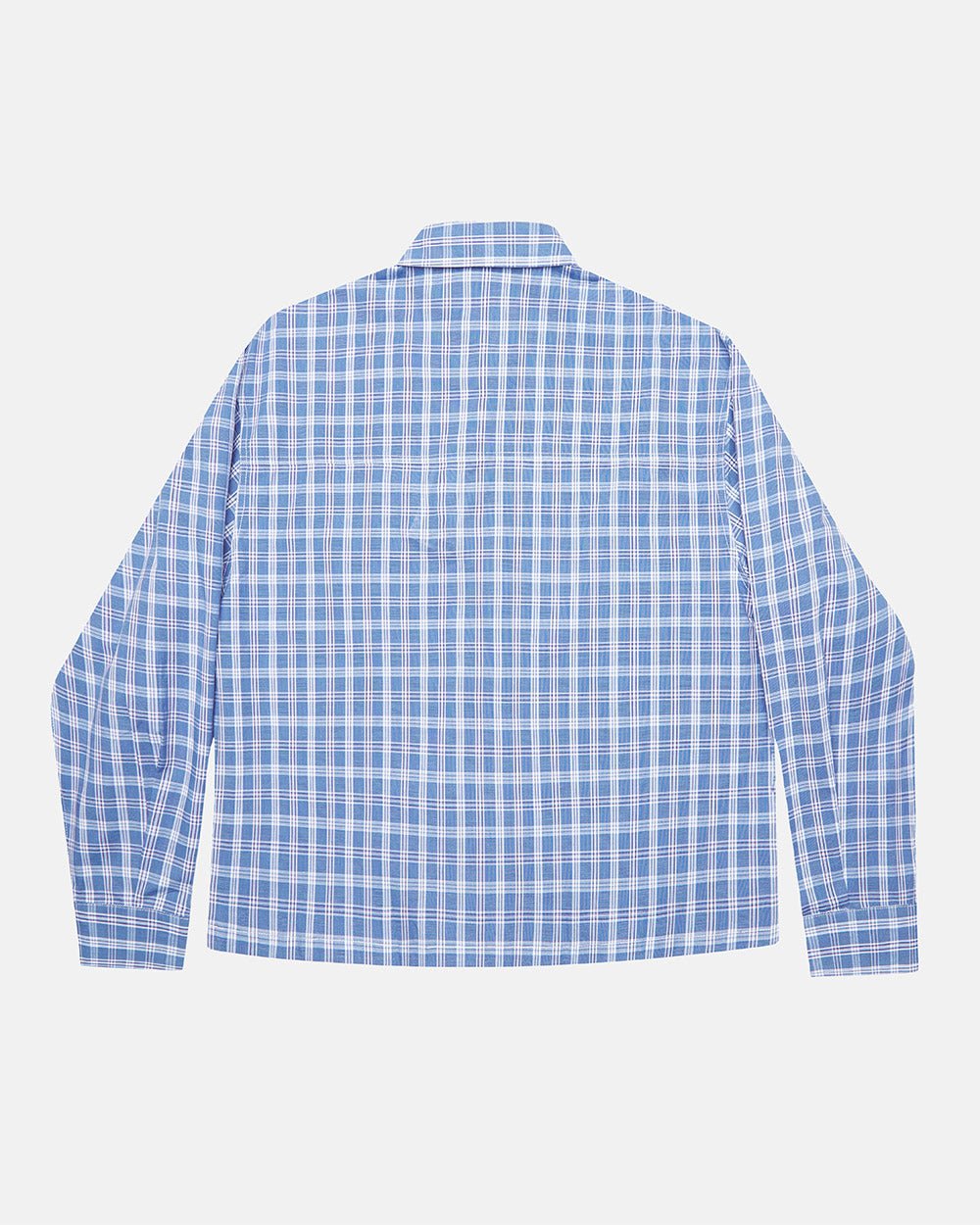 CROSS SHIRT BLUE - blue plaid long sleeve shirt, back view - Cold Culture #packshot