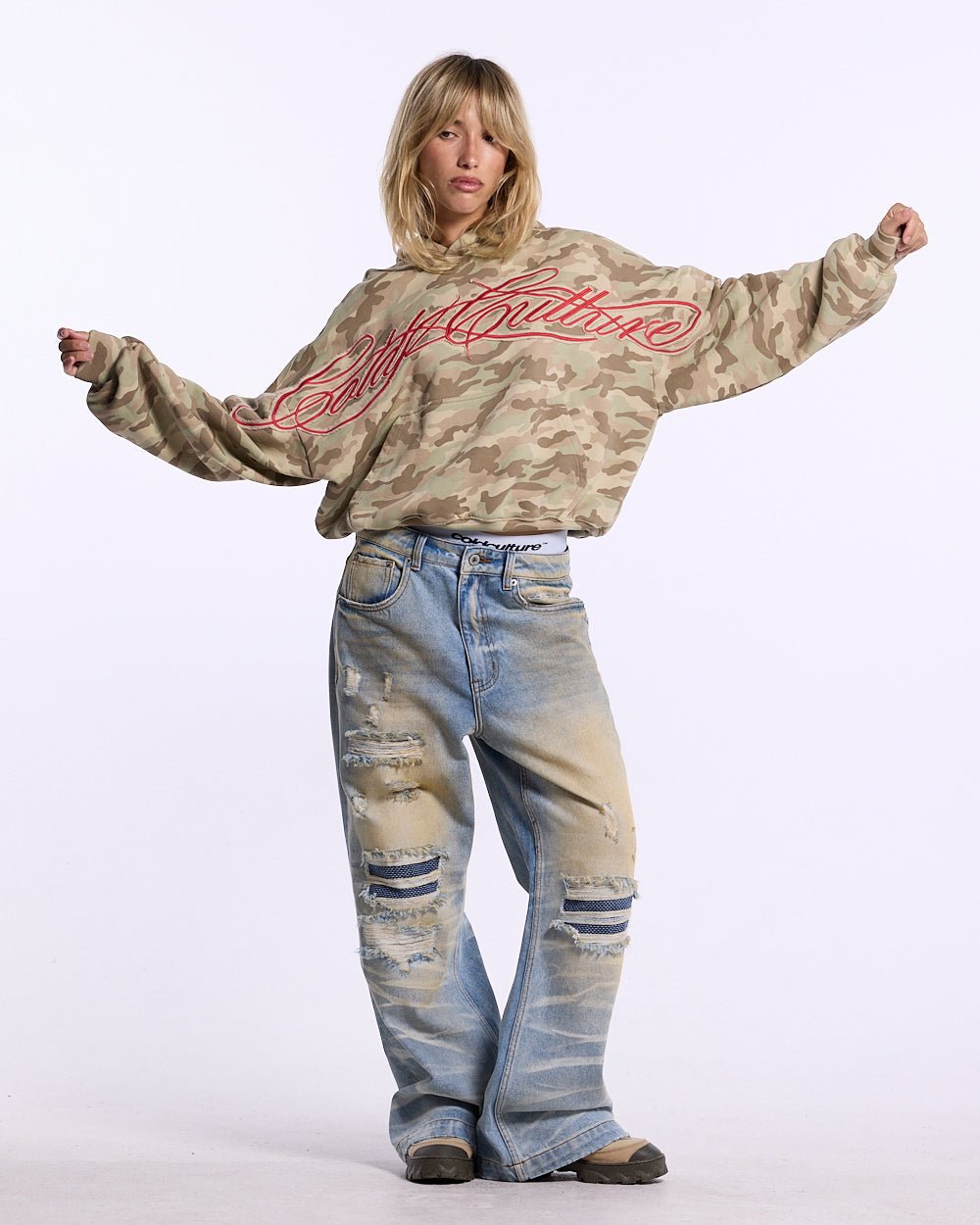 CROSSED DISTRESS HOODIE CAMO - Cold Culture #woman
