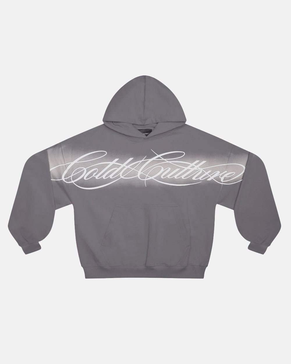 CROSSED SCRIPT HOODIE GREY - grey script print hoodie, front view - Cold Culture #packshot
