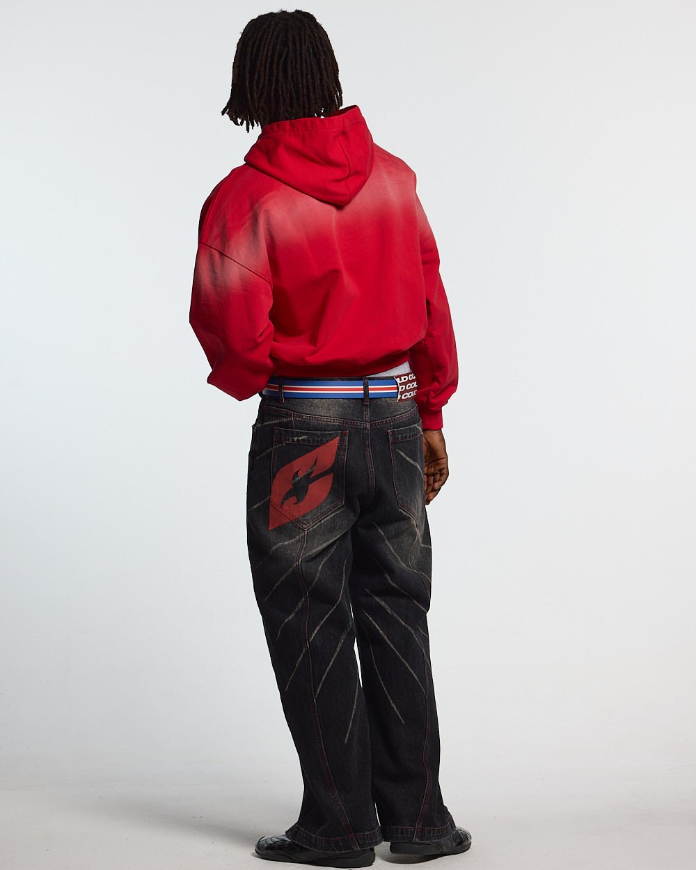 CROSSED SCRIPT HOODIE RED - red script print hoodie, back view on male model - Cold Culture