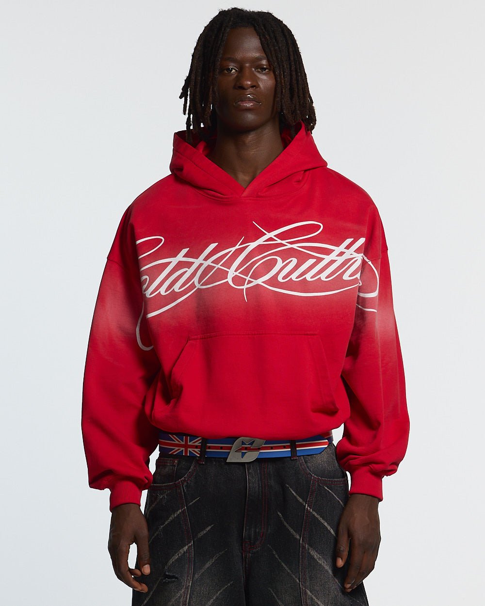 CROSSED SCRIPT HOODIE RED - red script print hoodie, front view on male model - Cold Culture #man