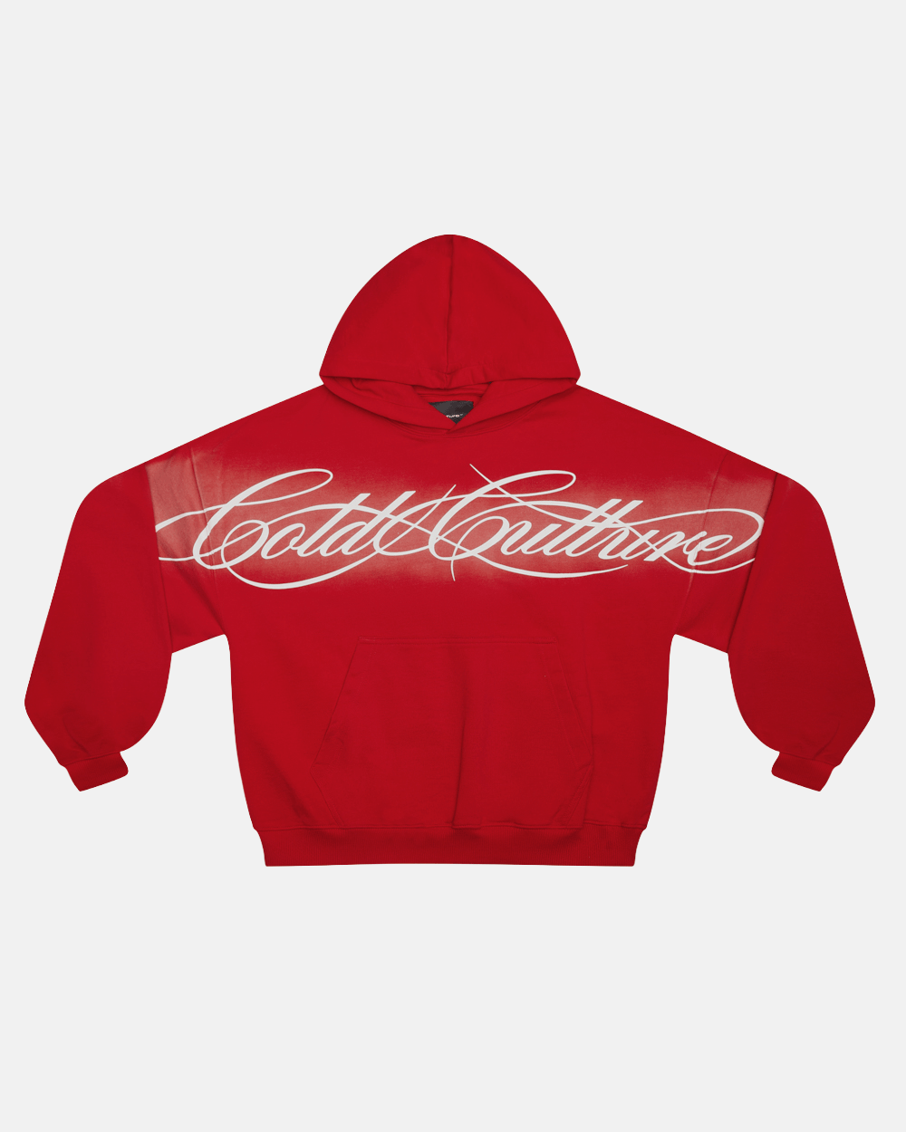 CROSSED SCRIPT HOODIE RED - red script print hoodie, front view - Cold Culture #packshot