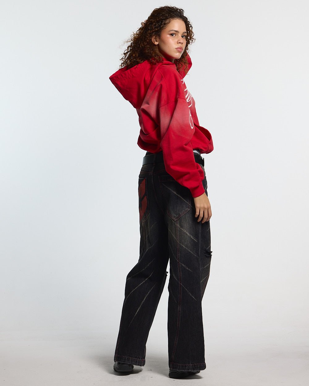 CROSSED SCRIPT HOODIE RED - red script print hoodie, back view on female model - Cold Culture #woman