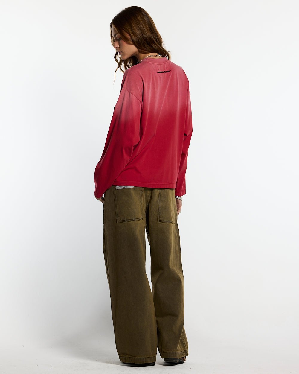 CROSSED SCRIPT LONGSLEEVE RED - washed red script print longsleeve tee, back view on female model - Cold Culture #woman