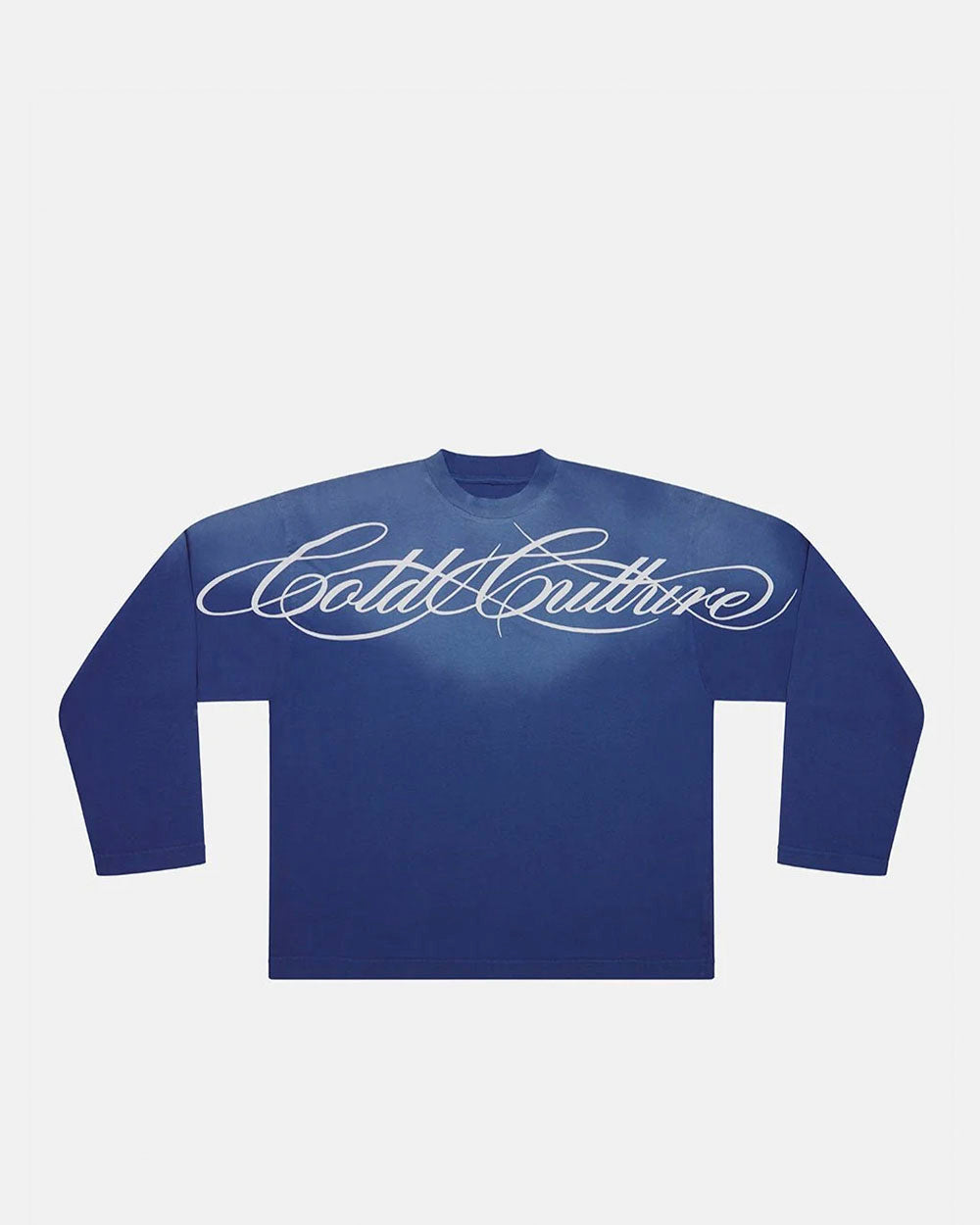 CROSSED SCRIPT LONGSLEEVE VIBRANT BLUE - washed blue script print longsleeve tee, front view - Cold Culture #packshot