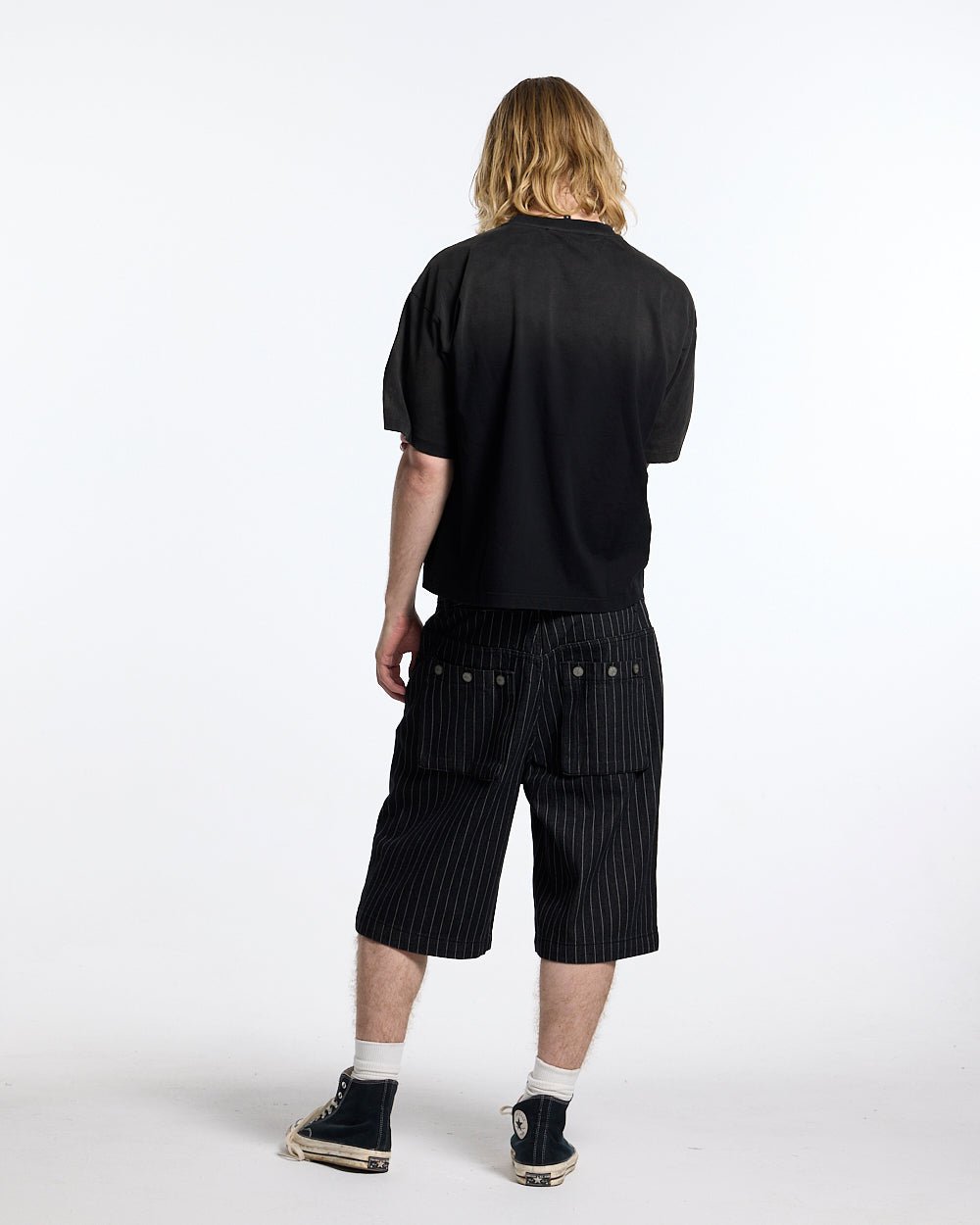 CROSSED SCRIPT TEE 2.0 BLACK - washed black script print tee, back view on male model - Cold Culture #man