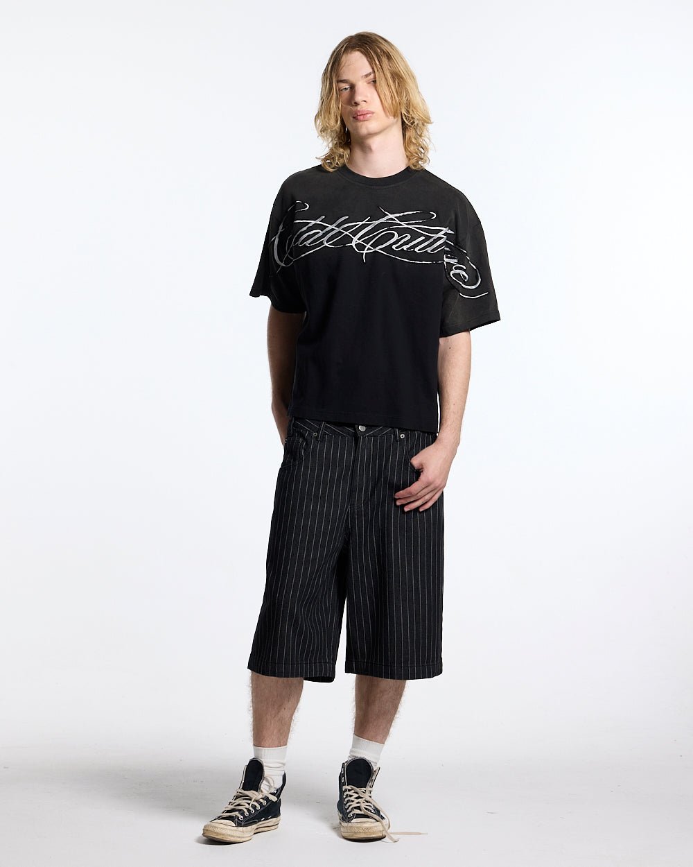 CROSSED SCRIPT TEE 2.0 BLACK - washed black script print tee, front view on male model - Cold Culture #man