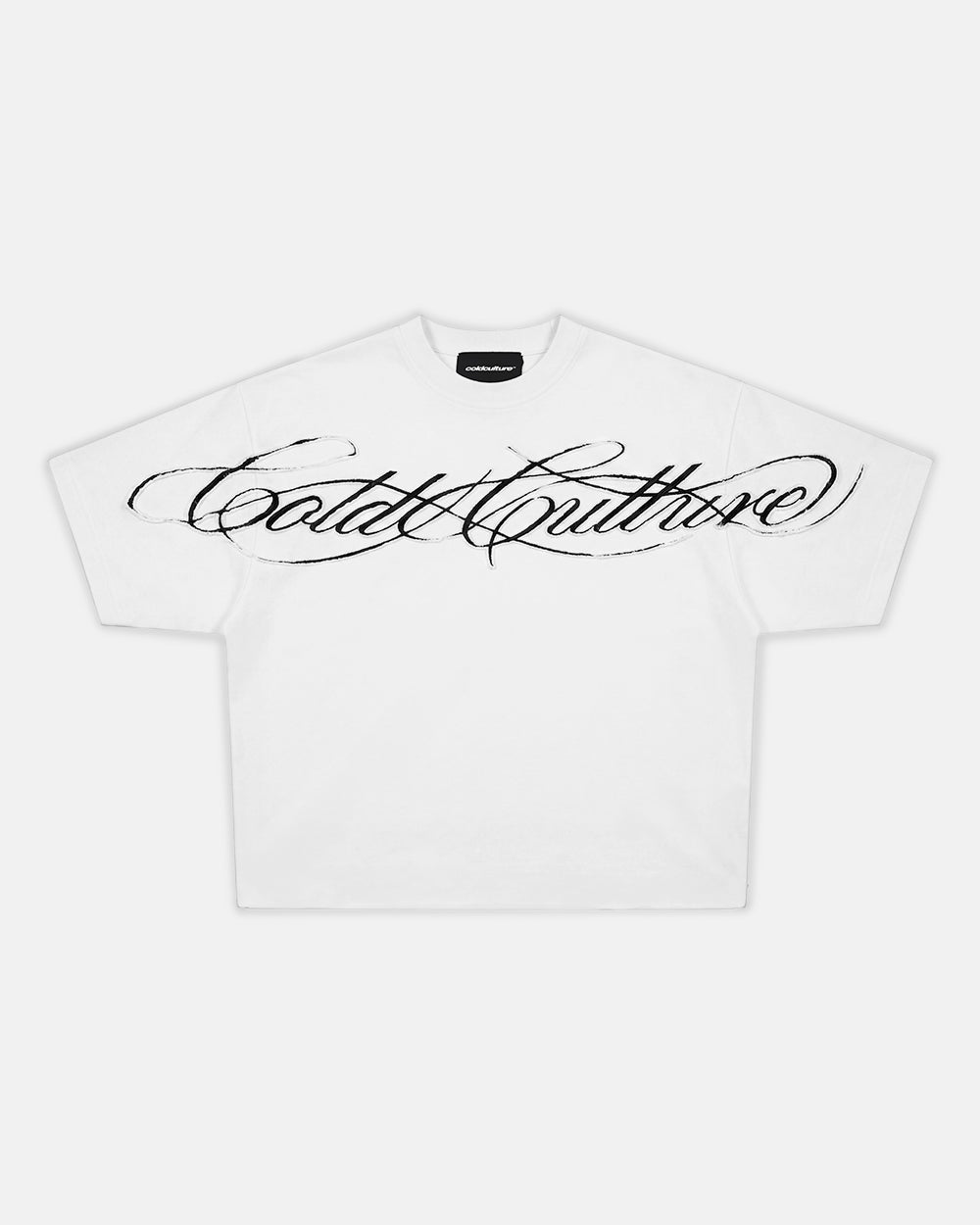CROSSED SCRIPT TEE 2.0 WHITE - white script print tee, front view - Cold Culture #packshot