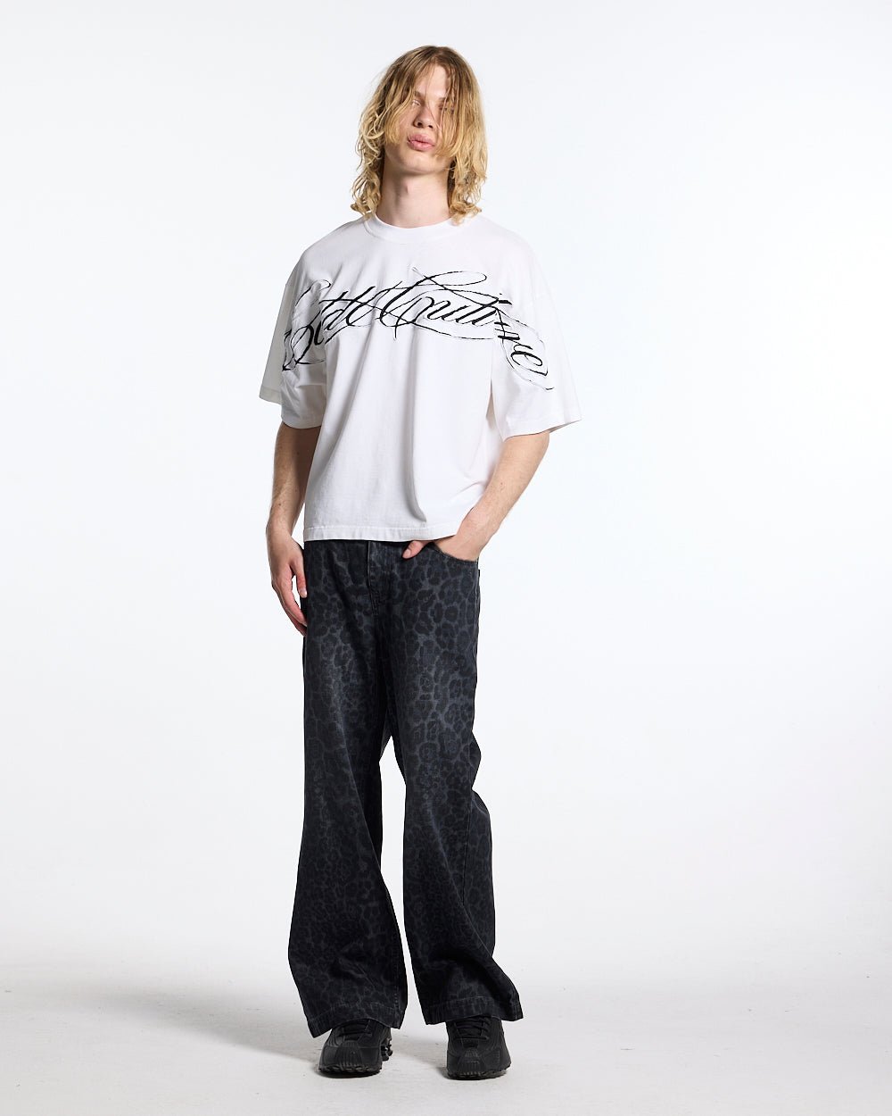 CROSSED SCRIPT TEE 2.0 WHITE - white script print tee, front view on male model - Cold Culture #man