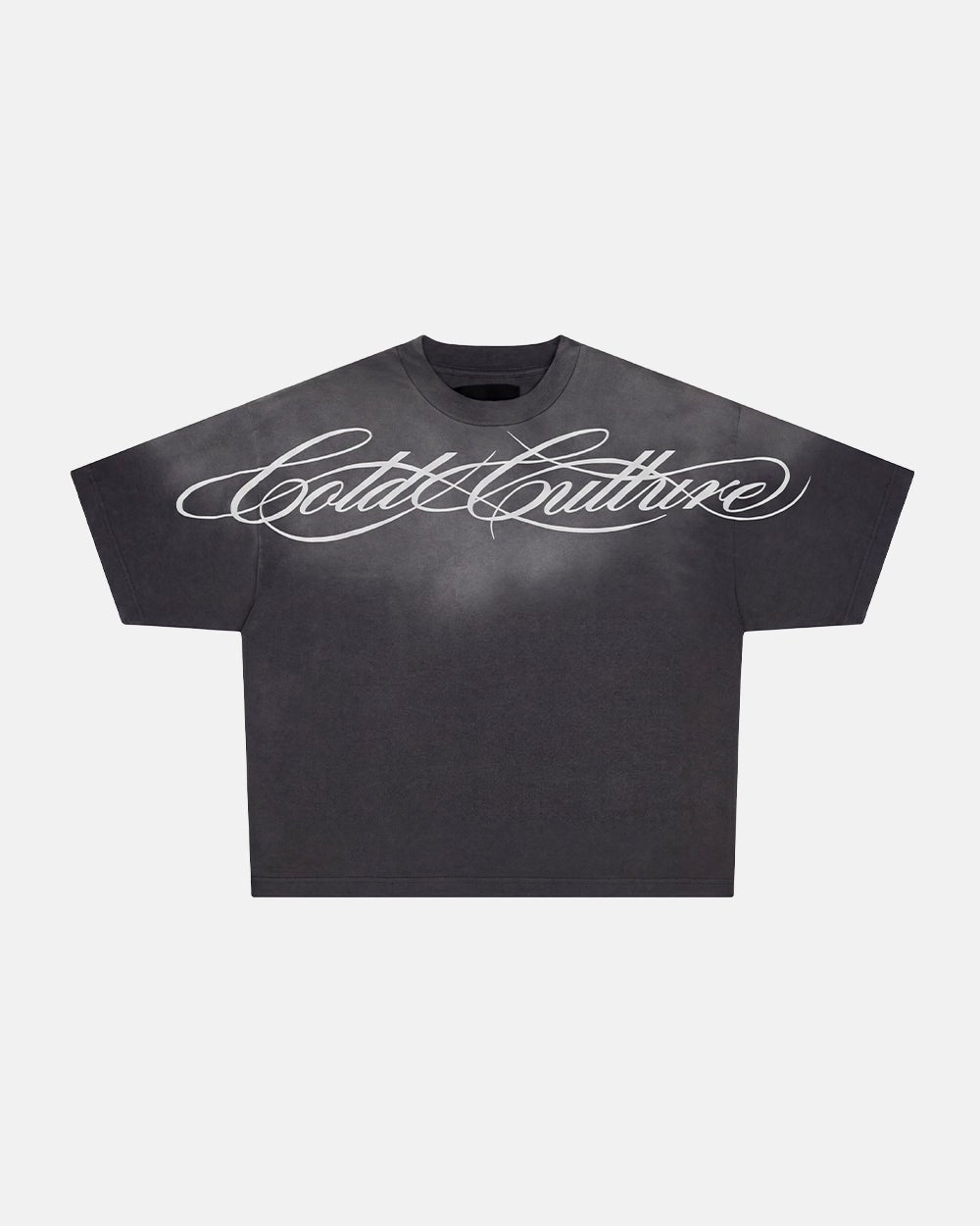 CROSSED SCRIPT TEE BLACK - washed black tee, front view - Cold Culture #packshot