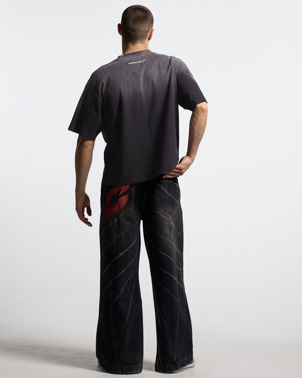 CROSSED SCRIPT TEE BLACK - washed black tee, back view on male model - Cold Culture #man