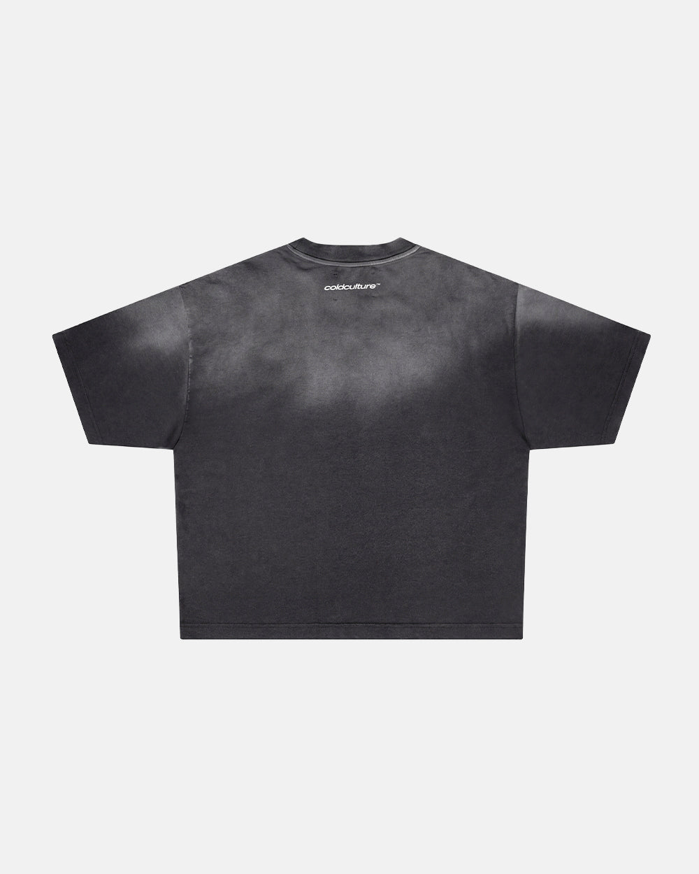 CROSSED SCRIPT TEE BLACK - washed black tee, back view - Cold Culture #packshot